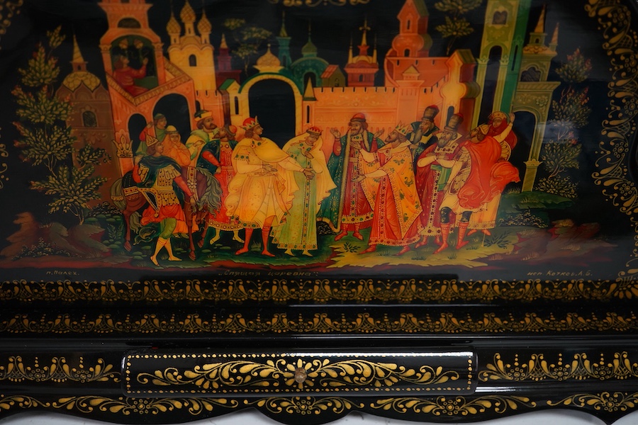 A Becha Russian hand painted black lacquer large mantel clock, 36cm high x 44cm wide